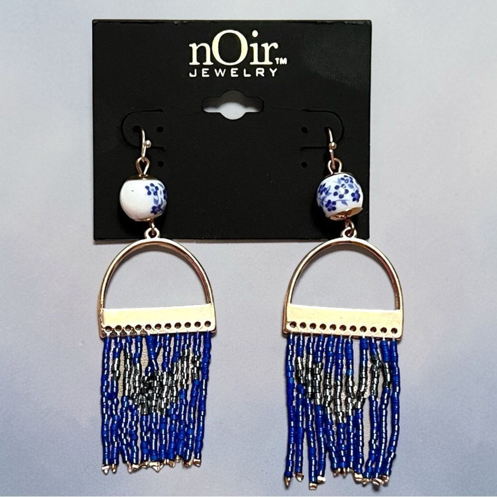 nOir Jewelry Blue Beaded Fringe Gold Tone Drop Earrings